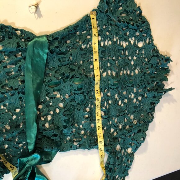 Green Lace Floor Length Dress with high collar and a teal satin sash, Size M - Picture 7 of 11